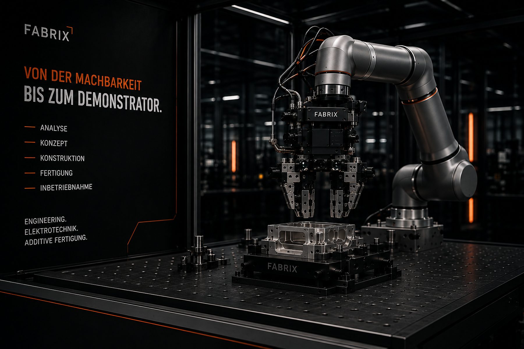 Kompakte Robotik-Demonstratorzelle mit kollaborierendem Roboter, Greifer und Werkstückaufnahme auf einer Lochrasterplatte