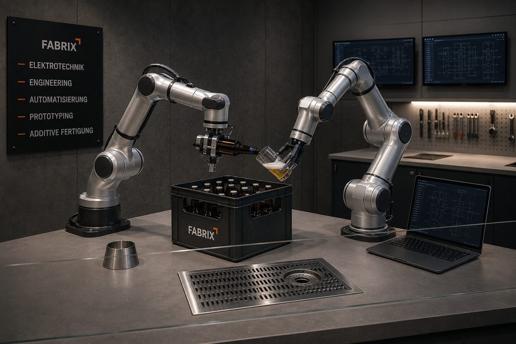 Zwei kollaborierende Roboter bei einer Ausschankanwendung in einer Demonstratorumgebung