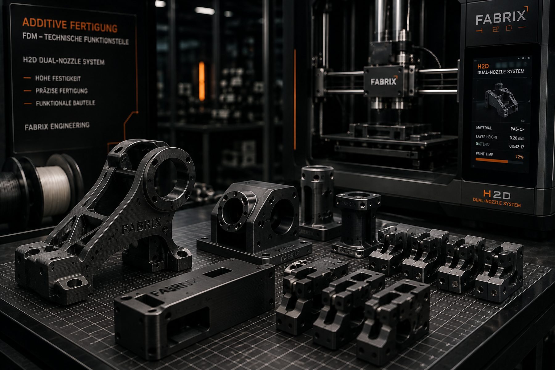 Additiv gefertigte technische Funktionsteile, Halterungen und Vorrichtungen auf einer dunklen Prüfmatte vor einem Dual-Nozzle-FDM-System