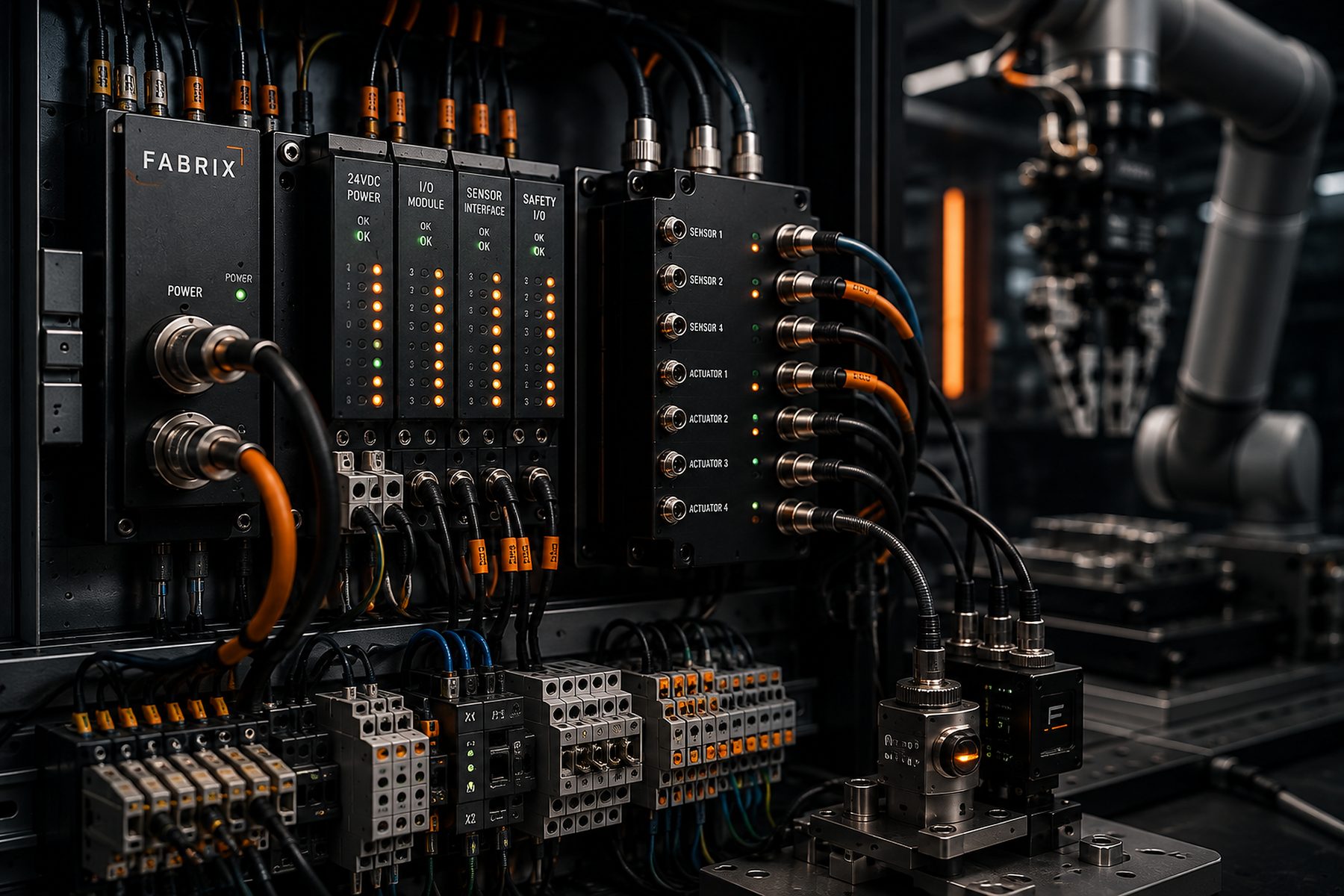 Industrielle Elektro-Baugruppe mit Ein- und Ausgangsmodulen, beschrifteten Sensor- und Aktoranschlüssen und geordneter Leitungsführung