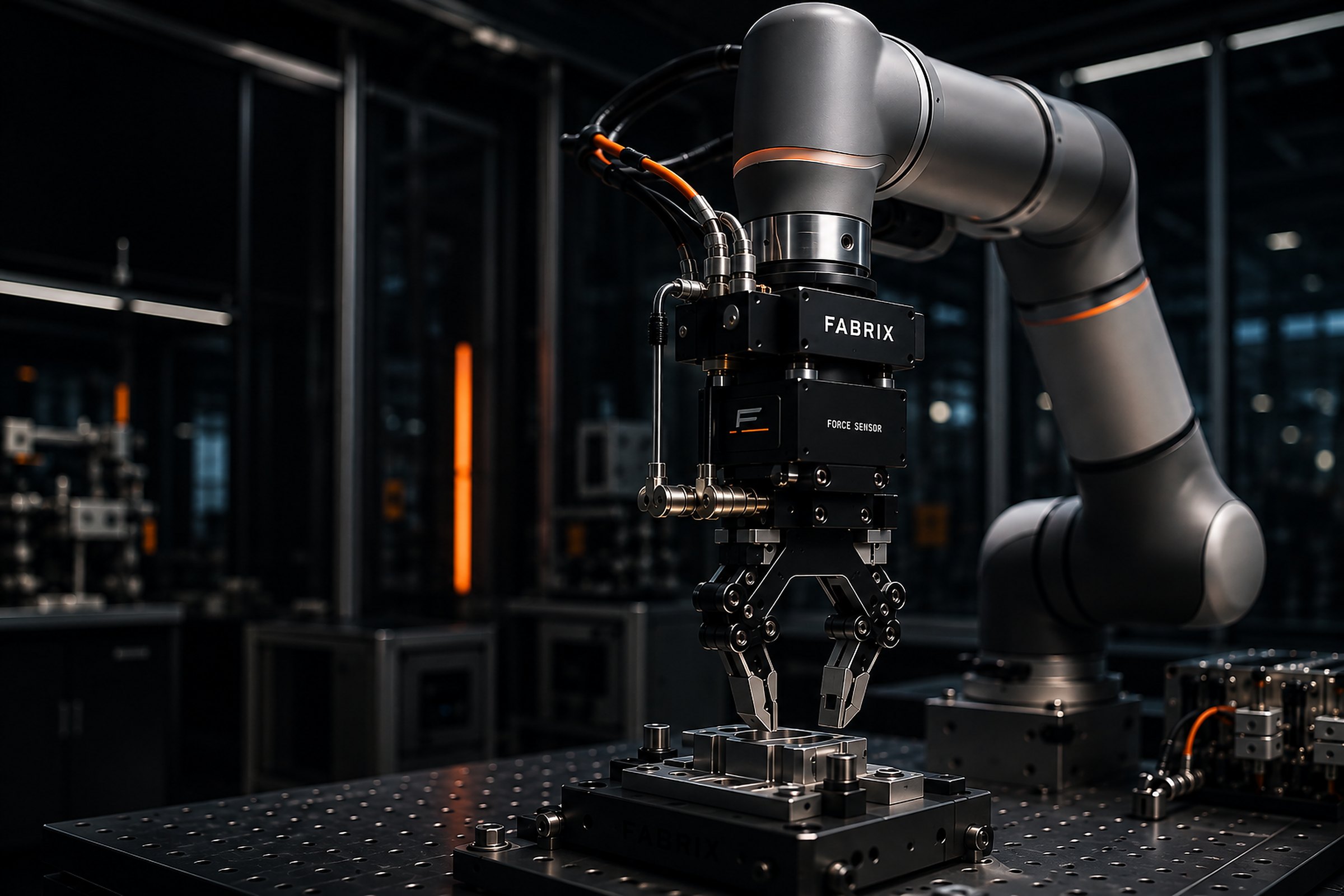 Kollaborierender Roboterarm mit Kraftsensor und Präzisionsgreifer über einer Werkstückaufnahme auf einer Lochrasterplatte in dunkler Industrieumgebung