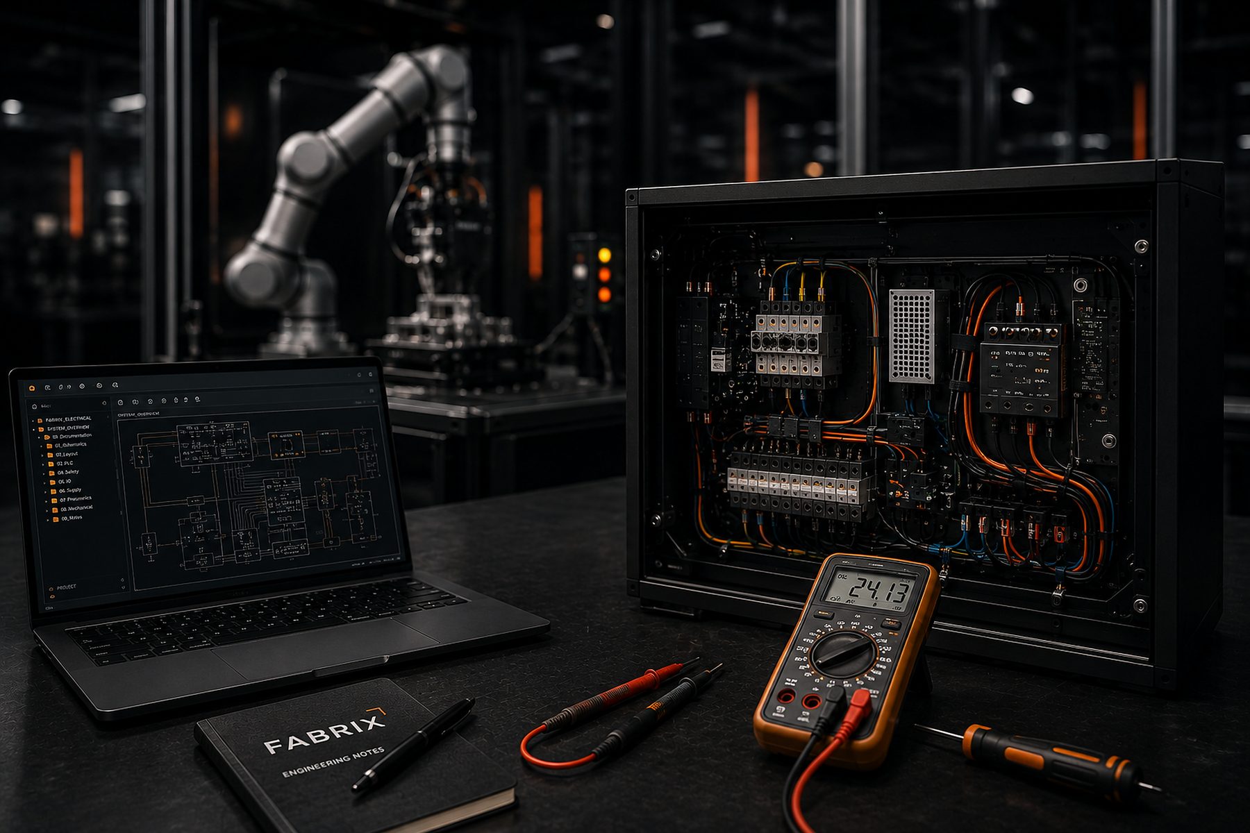 Technischer Prüfaufbau mit geöffnetem Schaltkasten, Multimeter und Schaltplan auf einem Laptop, Roboter im Hintergrund
