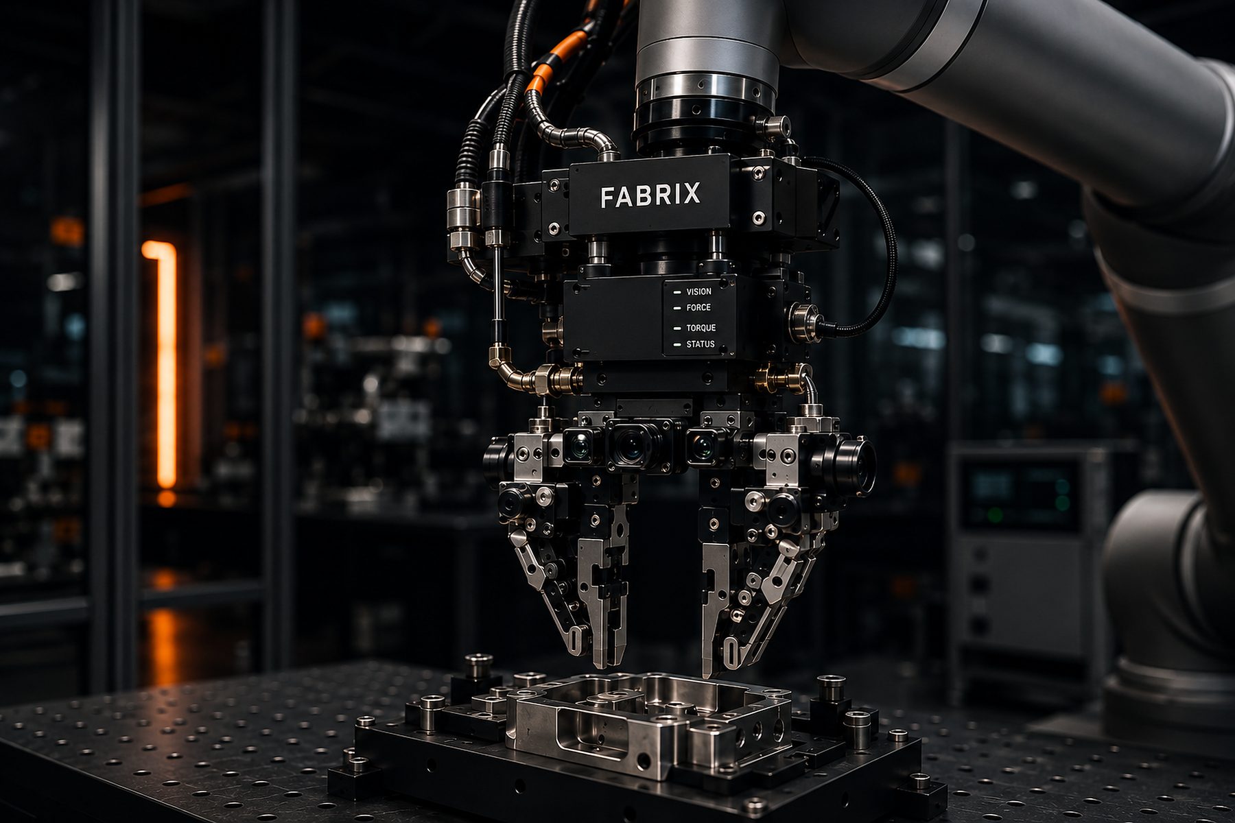 Nahaufnahme eines Robotergreifers mit Sensormodul, Statusanzeigen und geführten Leitungen über einer Werkstückaufnahme